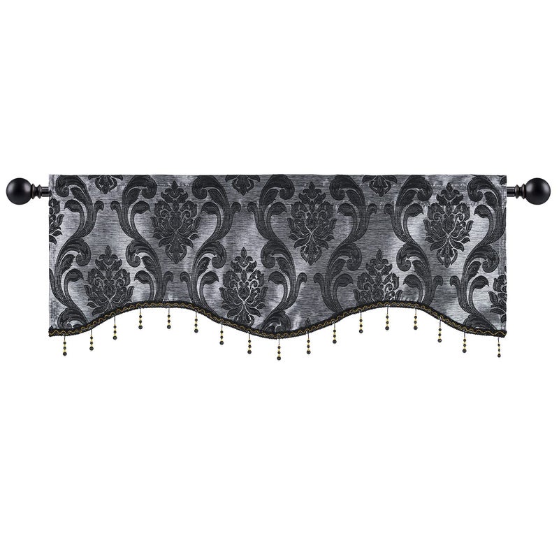 NAPEARL Scalloped Valance Curtains Decoration Jacquard Swag Kitchen Window Curtains Over Sink, Rod Pocket Valance Tier for Kitchen, Small Windows (Black, 52W x 18L) - Image 5