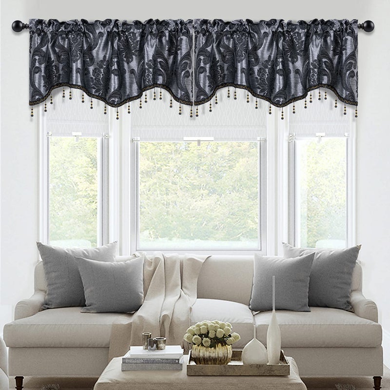NAPEARL Scalloped Valance Curtains Decoration Jacquard Swag Kitchen Window Curtains Over Sink, Rod Pocket Valance Tier for Kitchen, Small Windows (Black, 52W x 18L) - Image 3