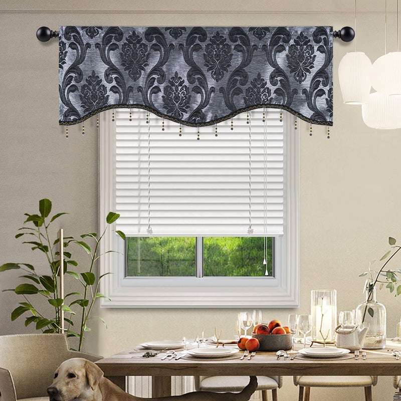NAPEARL Scalloped Valance Curtains Decoration Jacquard Swag Kitchen Window Curtains Over Sink, Rod Pocket Valance Tier for Kitchen, Small Windows (Black, 52W x 18L) - Image 2