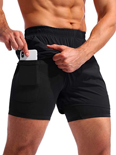 Pudolla Men’s 2 in 1 Running Shorts 5" Quick Dry Gym Athletic Workout Shorts for Men with Phone Pockets(Black XX-Large) - Image 1