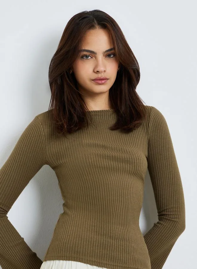 Styli Olive Flared Sleeve Textured Knit Top