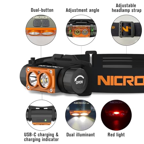 NICRON Headlamp Rechargeable, High Bright 1500 lumens 180° Rotating Aluminum LED Head Lamp with 3 Light Sources 10 Modes Waterproof Head Flashlight H25 for Camping Hunting Running Fishing Biking - Image 2