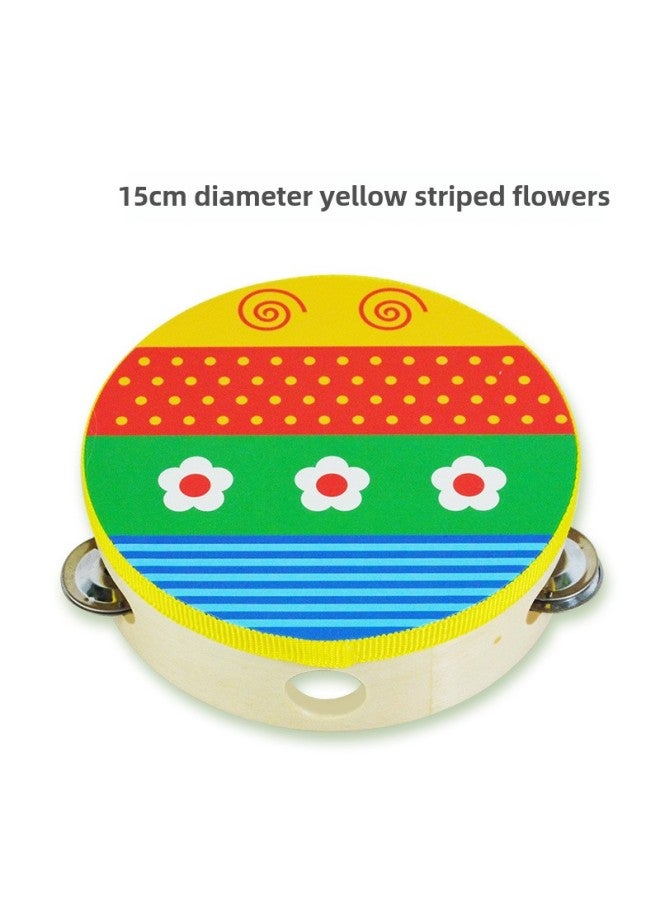 Kindergarten Small Tambourine Teachers Use Rattles Orff Teaching Materials Dance Performance Props Children's Hands To Beat Linggu-Color:15cm Diameter Yellow Striped Flowers - Image 1