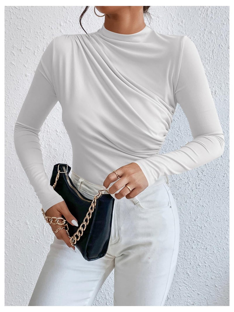 SweatyRocks Women's Bodysuit Mock Neck Casual Ruched Long Sleeve Jumpsuit White X-Small - Image 5