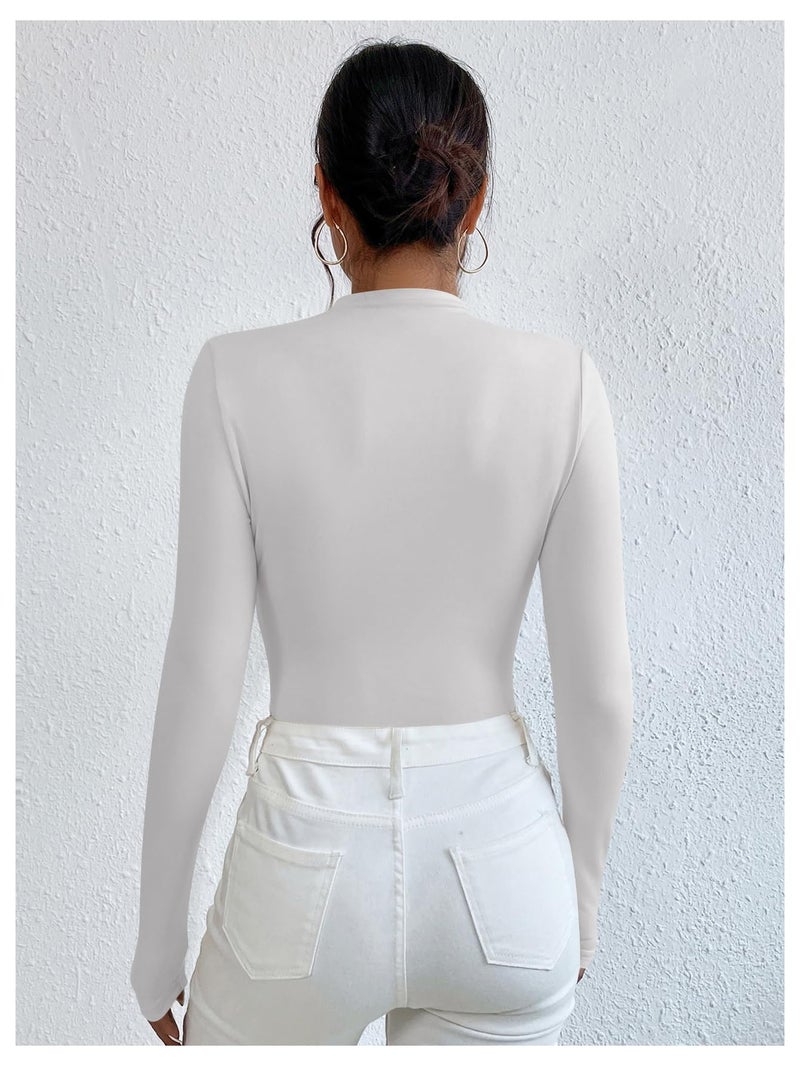SweatyRocks Women's Bodysuit Mock Neck Casual Ruched Long Sleeve Jumpsuit White X-Small - Image 2