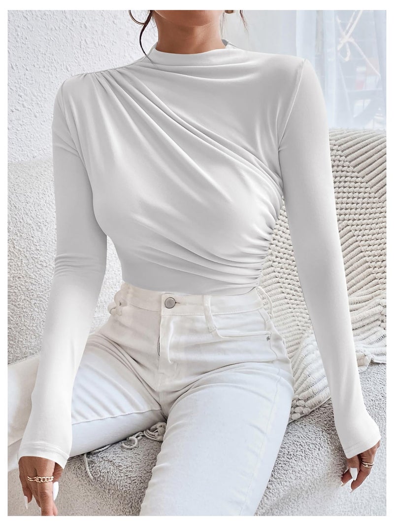 SweatyRocks Women's Bodysuit Mock Neck Casual Ruched Long Sleeve Jumpsuit White X-Small - Image 4
