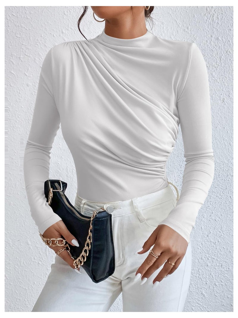 SweatyRocks Women's Bodysuit Mock Neck Casual Ruched Long Sleeve Jumpsuit White X-Small - Image 3