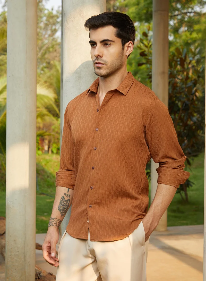 Campus Sutra Men's Sienna Brown Ruche-Tactile Shirt