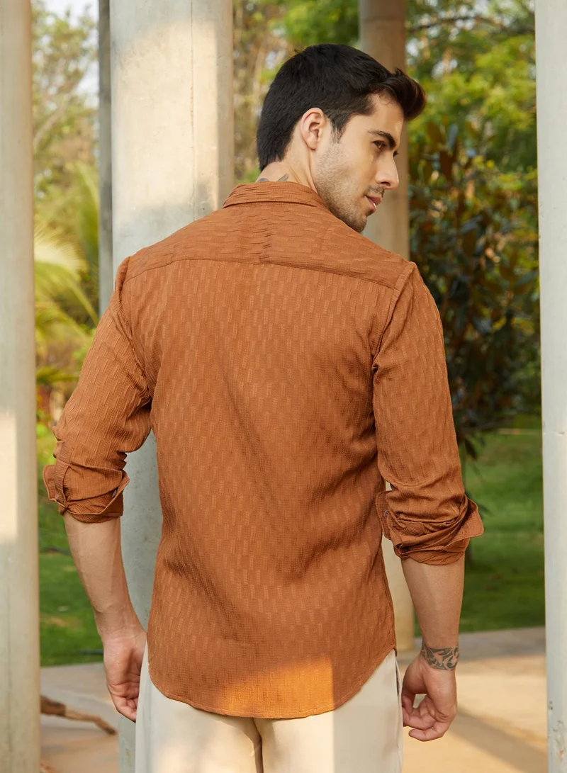 Campus Sutra Men's Sienna Brown Ruche-Tactile Shirt