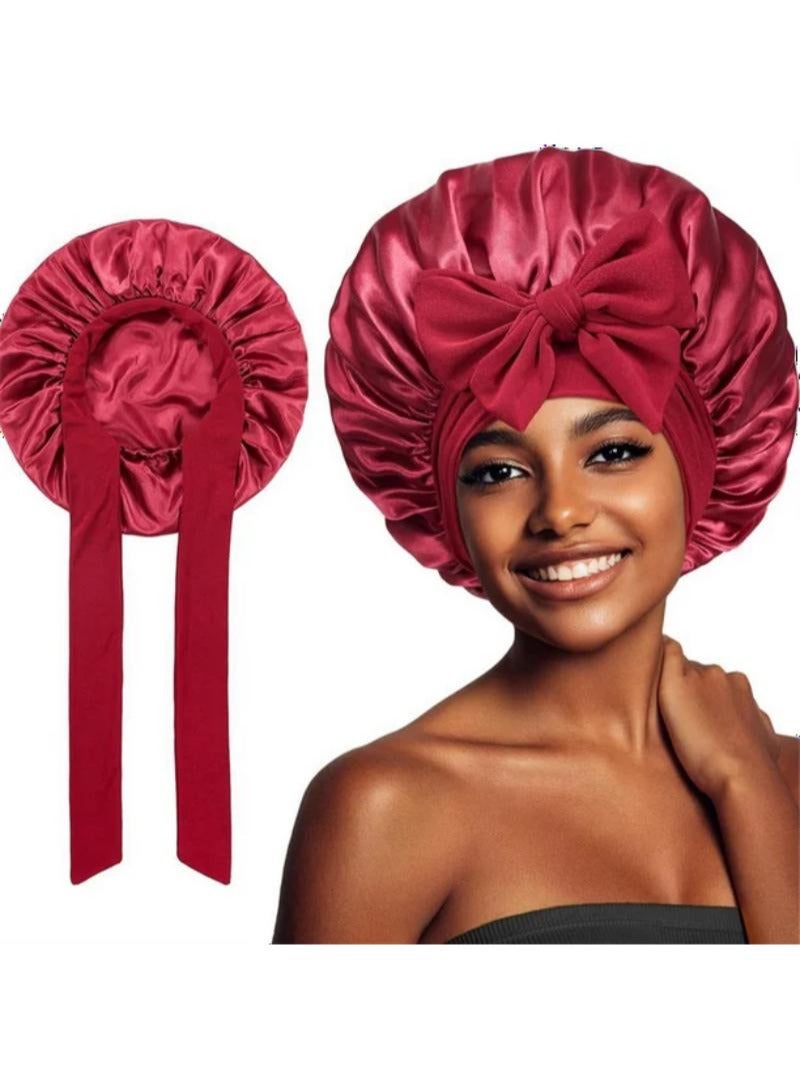 Dinghaole 2 Pcs Satin Bonnet, Hair Bonnet Silk Hair Wrap for Sleeping, Silk Sleep Bonnets for Women, Tie Band for Women Long Curly Braid Hair, Sleeping Hat for Women and Girls Curly Hair - Image 1