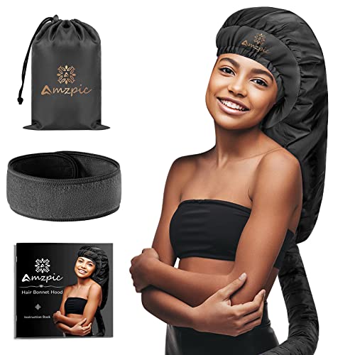Amzpic Bonnet Hair Dryer Attachment - Bonnet Hood Dryer with Headband that Reduces Heat Around Ears and Neck, Use for Hair Styling, Hair Drying, Curling and Deep Conditioning (Extended Version, Black) - Image 1