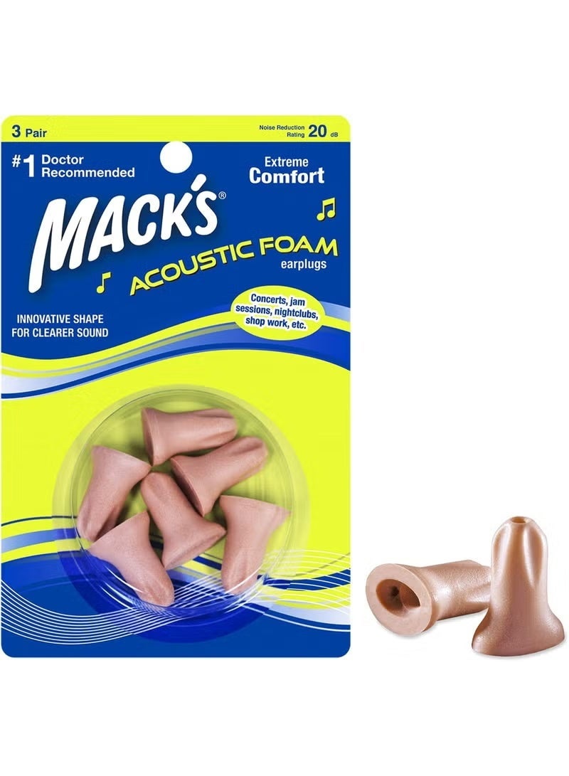 Mack's Acoustic Foam Earplugs, 3 Pair – Soft, Comfortable Ear Plugs for Concerts - Image 1