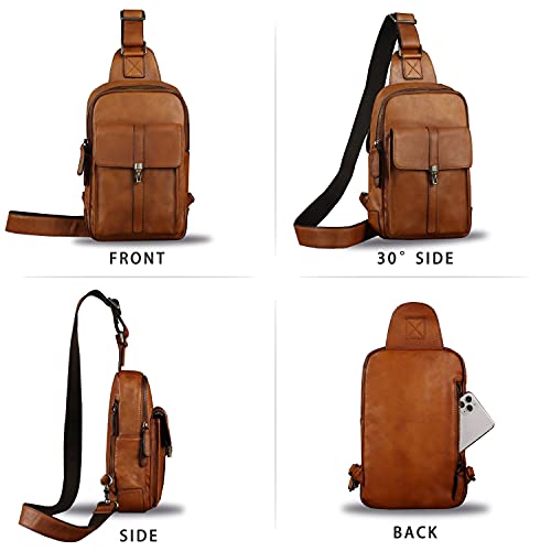 IVTG Genuine Leather Sling Bag Casual Shoulder Hiking Backpack Vintage Handmade Crossbody Bag Retro Chest Daypack (Brown) - Image 4