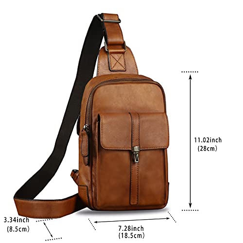 IVTG Genuine Leather Sling Bag Casual Shoulder Hiking Backpack Vintage Handmade Crossbody Bag Retro Chest Daypack (Brown) - Image 5