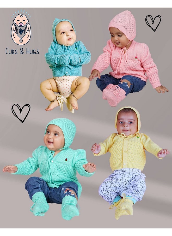 CUBS & HUGS - & Hugs Baby-Boys Wool New Born Baby Sweater 0-3 Months Open Neck Full Sleeves With Cap Booties - Blue - Image 1
