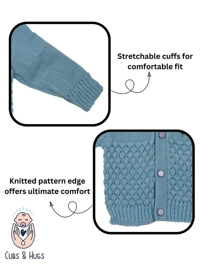 CUBS & HUGS - & Hugs Baby-Boys Wool New Born Baby Sweater 0-3 Months Open Neck Full Sleeves With Cap Booties - Blue - Image 1