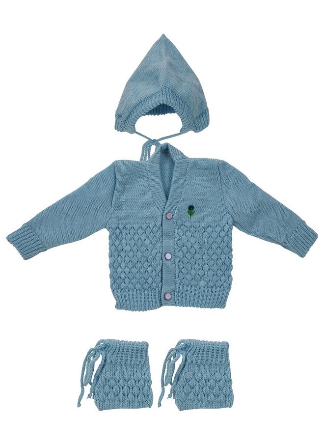 CUBS & HUGS - & Hugs Baby-Boys Wool New Born Baby Sweater 0-3 Months Open Neck Full Sleeves With Cap Booties - Blue - Image 1