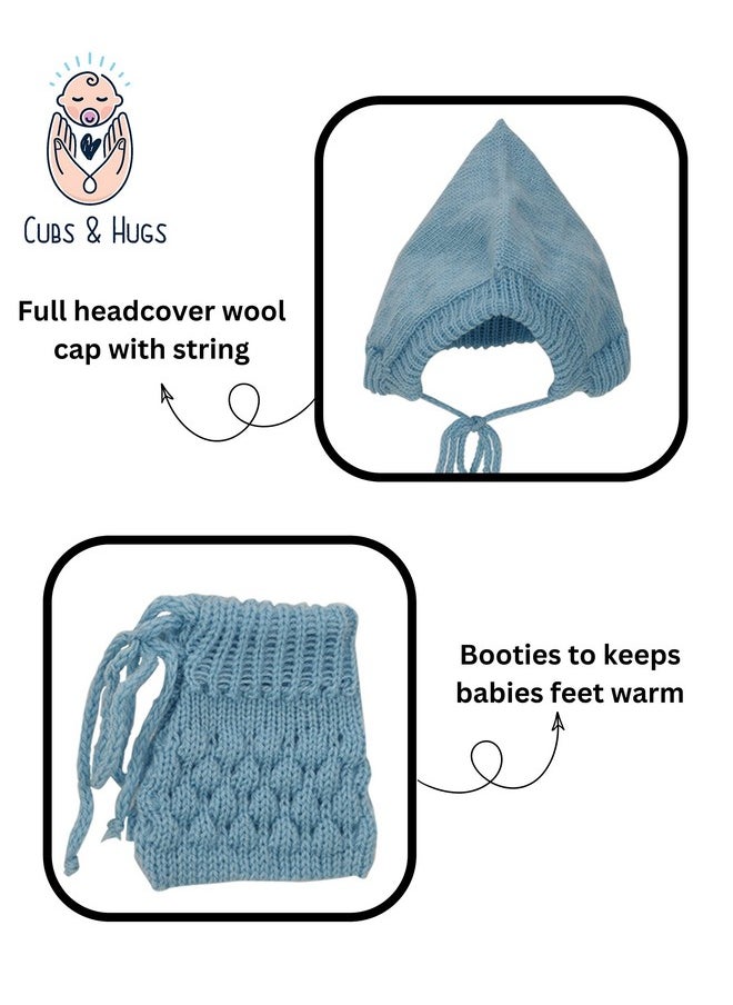 CUBS & HUGS - & Hugs Baby-Boys Wool New Born Baby Sweater 0-3 Months Open Neck Full Sleeves With Cap Booties - Blue - Image 1