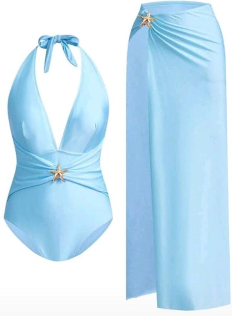 SHEIN Women Blue Halter-Neck Metal Decor Ruched Detail One-Piece Swimsuit & Skirt For Summer Beach Vacation, Going Out Outfit
