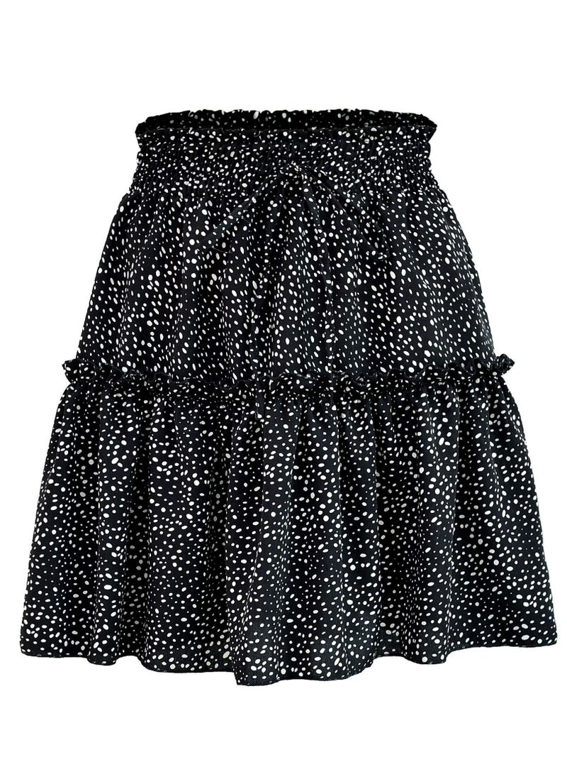 Loquat Women's Summer Cute High Waist Ruffle Skirt Polka Dot Print Swing Beach Mini Skirt Black/White 