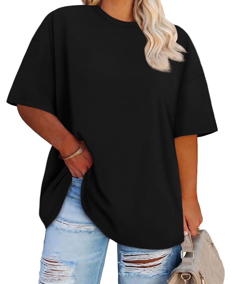 JOELLYUS Plus Size Tops Casual Oversized Tshirts for Women Loose Fit Crew Neck Blouses Summer Basic Tees(Black, 2XL) - Image 1
