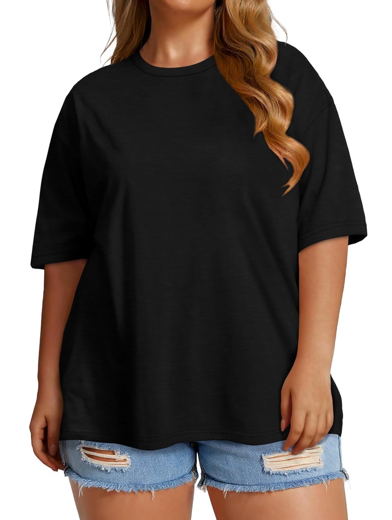 JOELLYUS Plus Size Tops Casual Oversized Tshirts for Women Loose Fit Crew Neck Blouses Summer Basic Tees(Black, 2XL) - Image 2