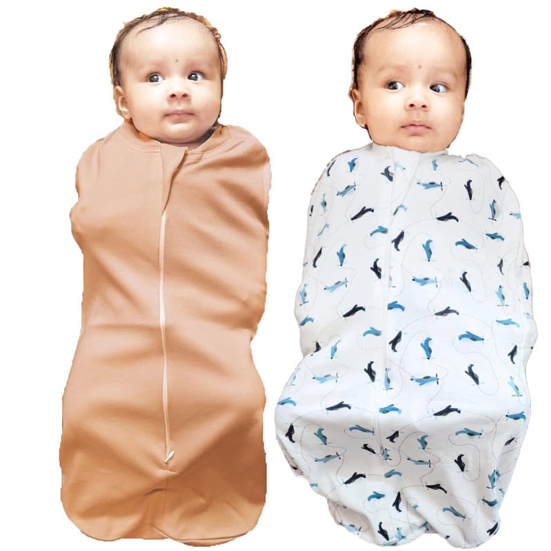 MammaChamp Zipper POD Swaddle Sleeping Sack Blankets Wrap Bag New Born Baby for 03 Months Pack of 2 Aeroplane Design Biscuit - Image 1