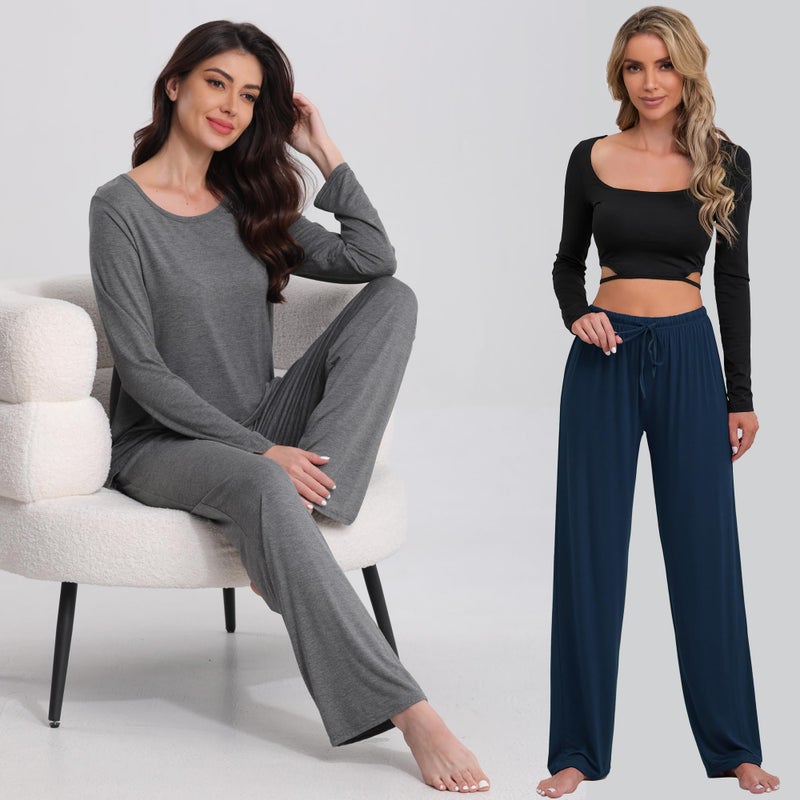 FEQO 4 Pack Women's Pajama Bottoms Lounge Pants Wide Leg Casual Yoga Pants Soft Drawstring Loose Sweatpants for Women(L,Black, Dark Gray, Dark Navy, Charcoal) - Image 5
