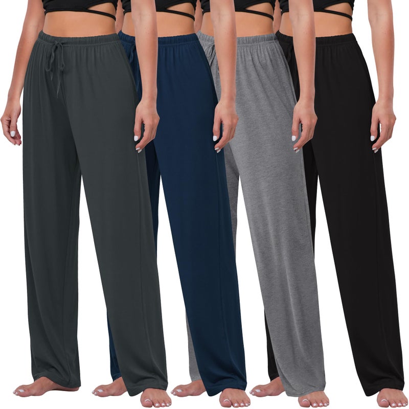 FEQO 4 Pack Women's Pajama Bottoms Lounge Pants Wide Leg Casual Yoga Pants Soft Drawstring Loose Sweatpants for Women(L,Black, Dark Gray, Dark Navy, Charcoal) - Image 1
