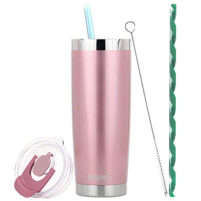 Drinco - 20 oz Stainless Steel Tumbler  Double Walled Vacuum Insulated Mug With Lid  2 Straws  For Hot & cold Drinks (20oz  20oz Bling Rose gold)
