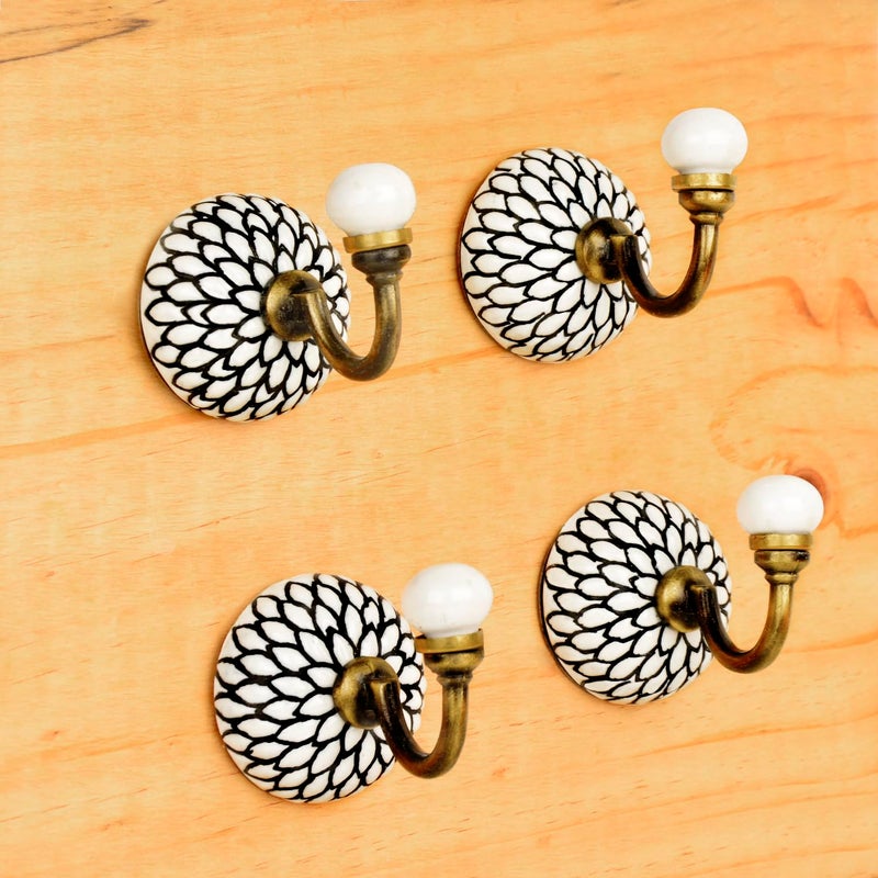 StyleMyWay Etched Floral Design Ceramic Metal Hooks with Antique Finish Set of 4 Off White and Black Decorative Wall Hooks for Keys Clothes Coat Towels for Kitchen Bathroom Cupboards - Image 1