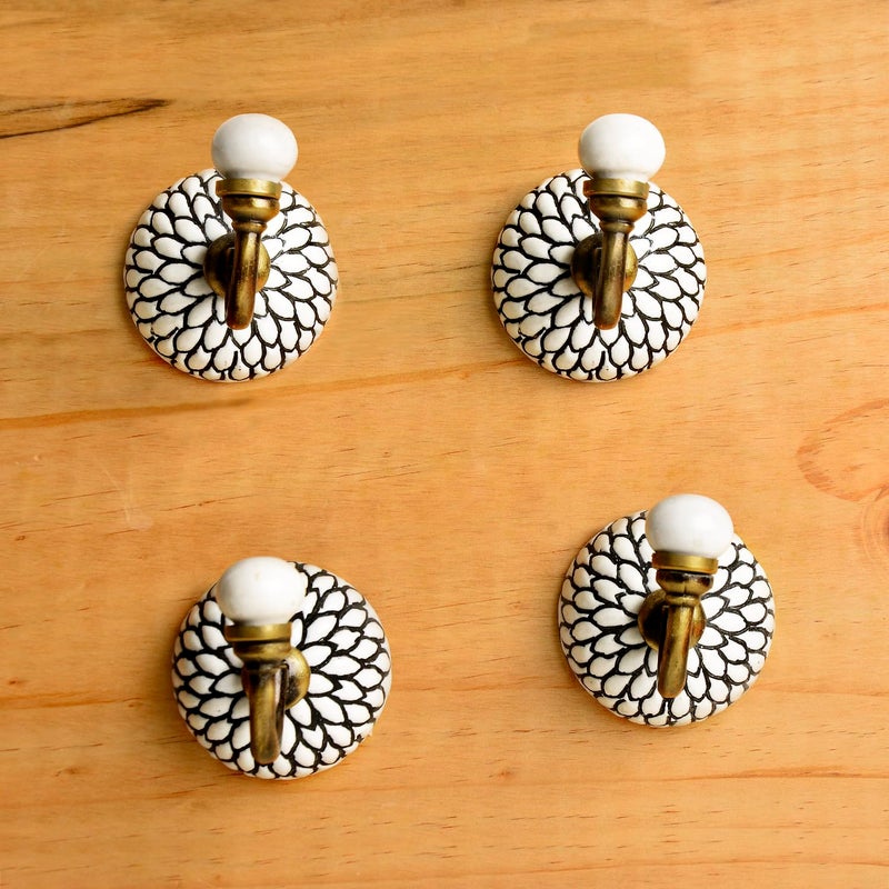 StyleMyWay Etched Floral Design Ceramic Metal Hooks with Antique Finish Set of 4 Off White and Black Decorative Wall Hooks for Keys Clothes Coat Towels for Kitchen Bathroom Cupboards - Image 2