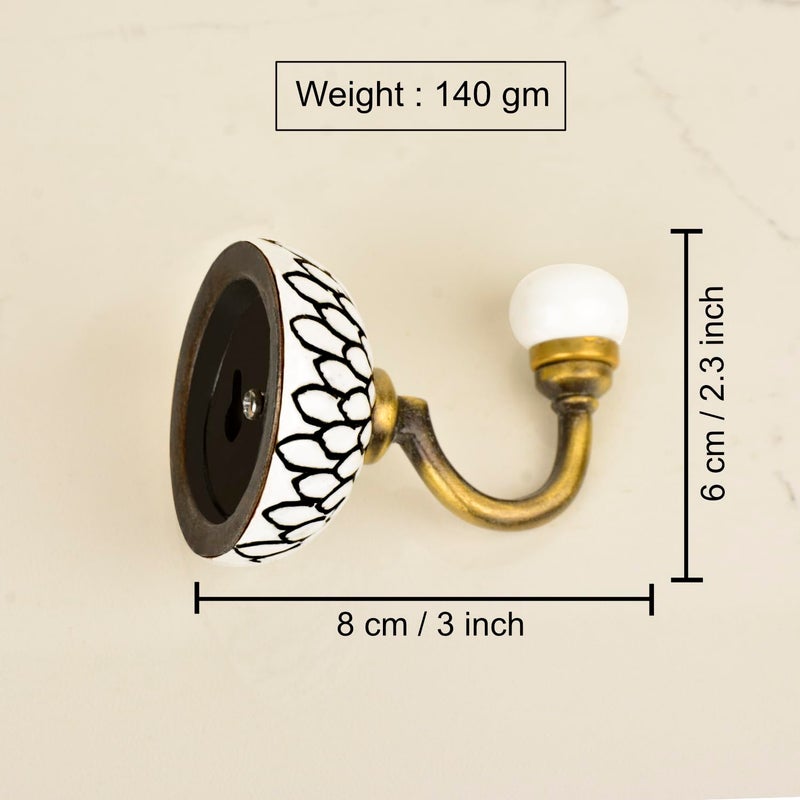 StyleMyWay Etched Floral Design Ceramic Metal Hooks with Antique Finish Set of 4 Off White and Black Decorative Wall Hooks for Keys Clothes Coat Towels for Kitchen Bathroom Cupboards - Image 4