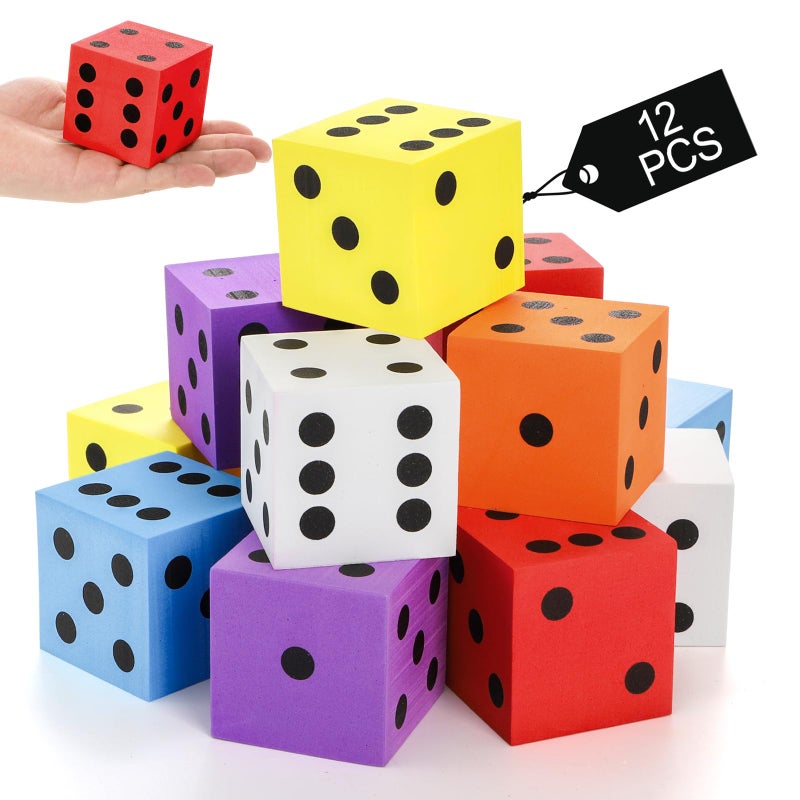Noamus 12 Pack Large Foam Dice 2 Inch Colorful Cubes with Number Dots 6 Sides Big Square Pocket Game Dice for Classroom Math Teaching Kids Boys Girls Party Supplies Toy Gift Prize - Image 3