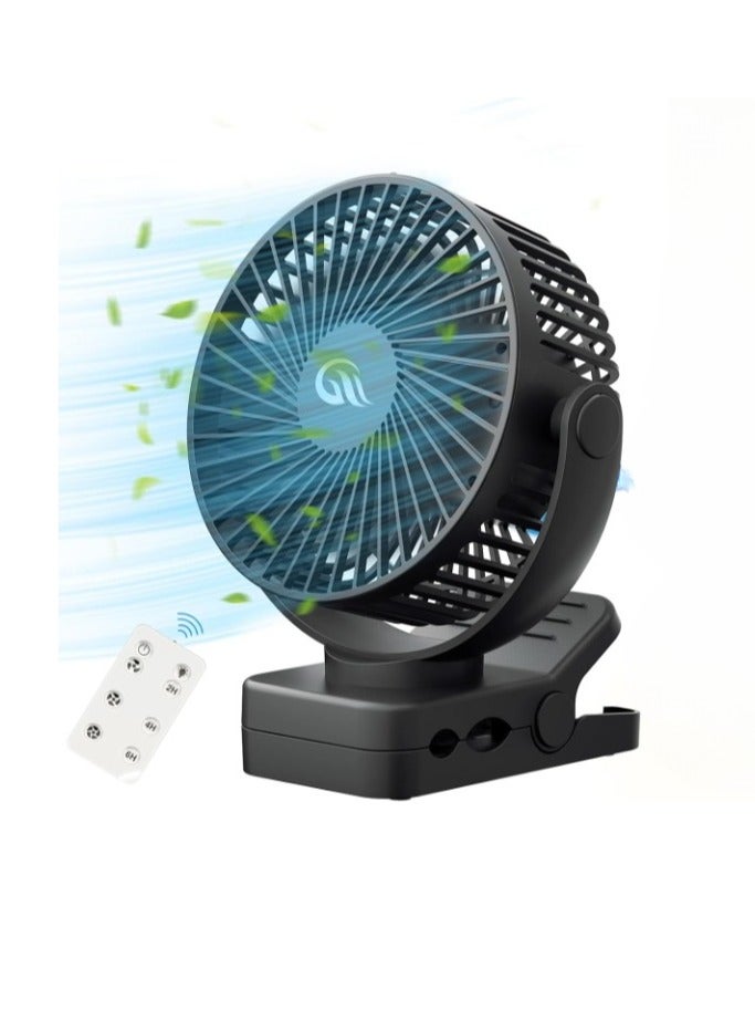 ارواق مروحة محمولة بمشبك، مروحة مكتب مع جهاز تحكم عن بعد ومؤقت، مروحة تبريد شخصية قوية وخفيفة الوزن بمنفذ USB، مروحة طاولة صغيرة هادئة قابلة لإعادة الشحن مع أضواء LED، (قطعة واحدة، أسود) - Image 1