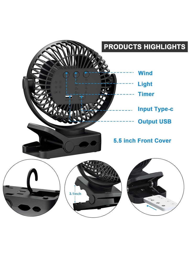 ارواق مروحة محمولة بمشبك، مروحة مكتب مع جهاز تحكم عن بعد ومؤقت، مروحة تبريد شخصية قوية وخفيفة الوزن بمنفذ USB، مروحة طاولة صغيرة هادئة قابلة لإعادة الشحن مع أضواء LED، (قطعة واحدة، أسود) - Image 2