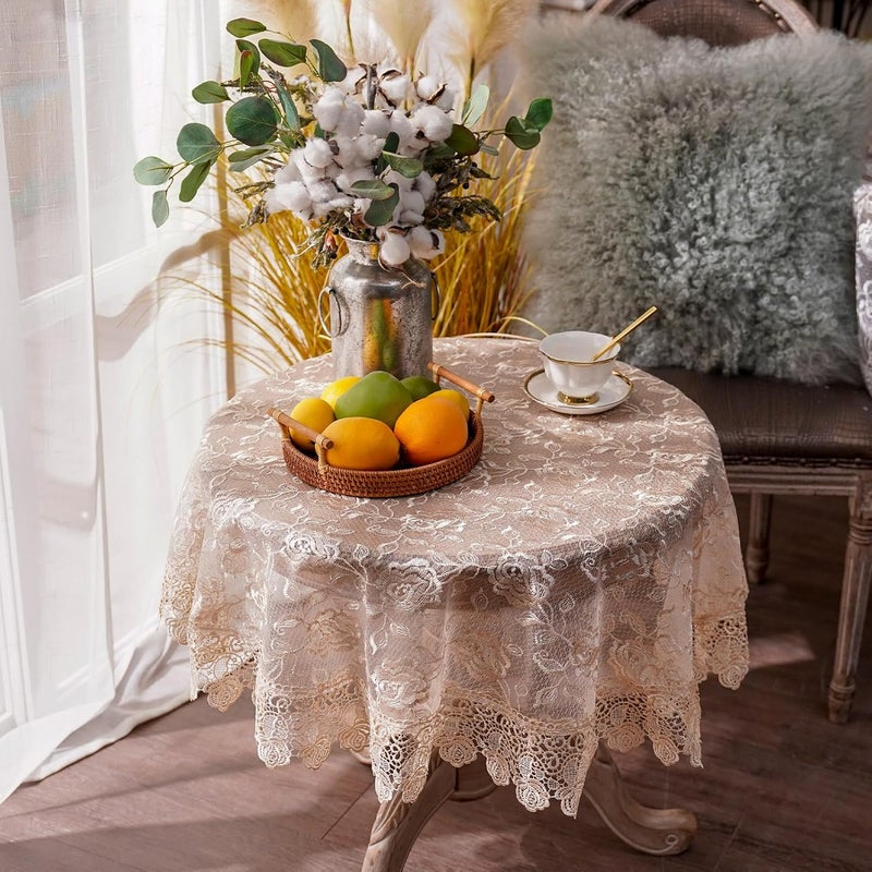 ARTABLE Rectangle Small Table Cloth Lace Macrame Vintage Tablecloth Shabby Chic Embroidered Oblong Table Cover for Wedding Banquet Holiday Long Dinner Tables Golden 51 Inch Round - Image 2