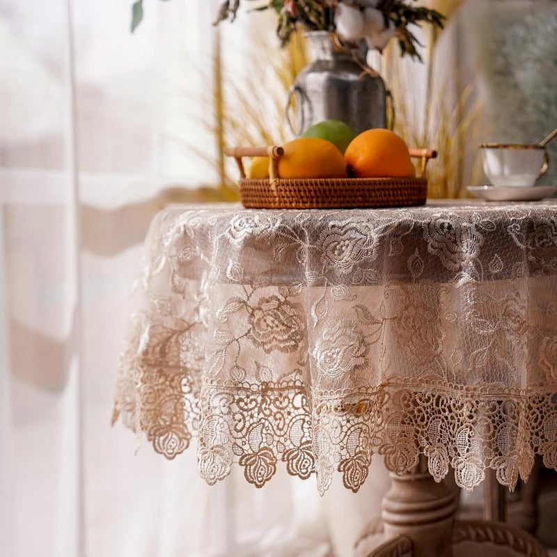 ARTABLE Rectangle Small Table Cloth Lace Macrame Vintage Tablecloth Shabby Chic Embroidered Oblong Table Cover for Wedding Banquet Holiday Long Dinner Tables Golden 51 Inch Round - Image 3