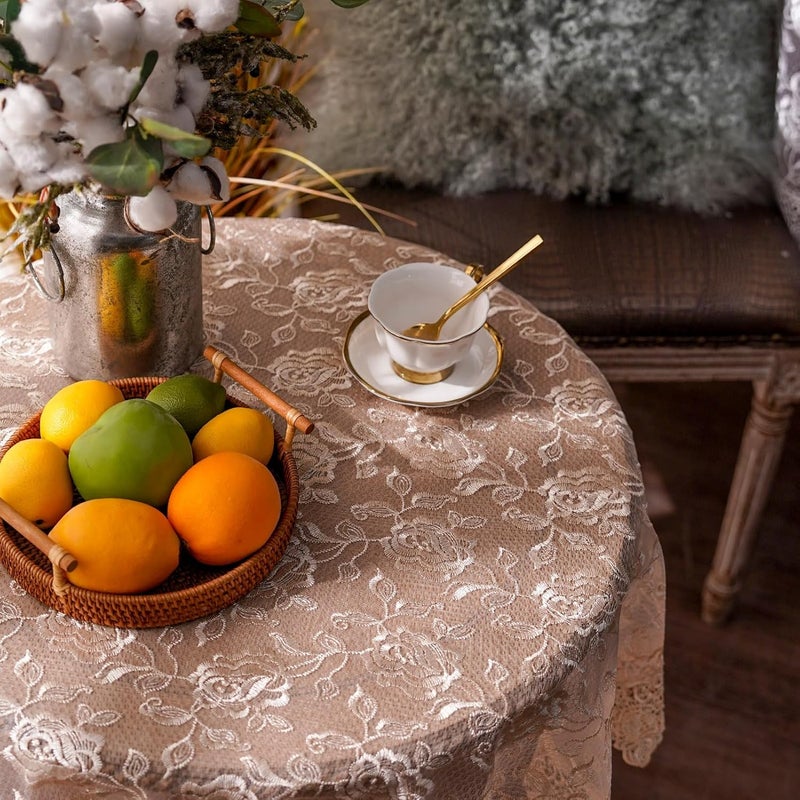 ARTABLE Rectangle Small Table Cloth Lace Macrame Vintage Tablecloth Shabby Chic Embroidered Oblong Table Cover for Wedding Banquet Holiday Long Dinner Tables Golden 51 Inch Round - Image 5