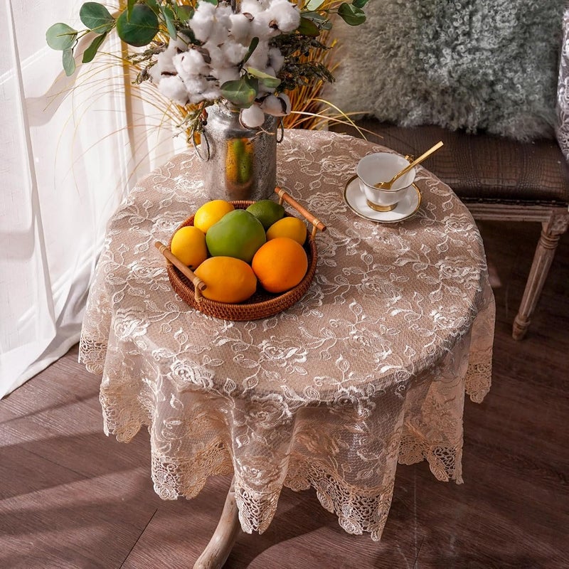 ARTABLE Rectangle Small Table Cloth Lace Macrame Vintage Tablecloth Shabby Chic Embroidered Oblong Table Cover for Wedding Banquet Holiday Long Dinner Tables Golden 51 Inch Round - Image 1