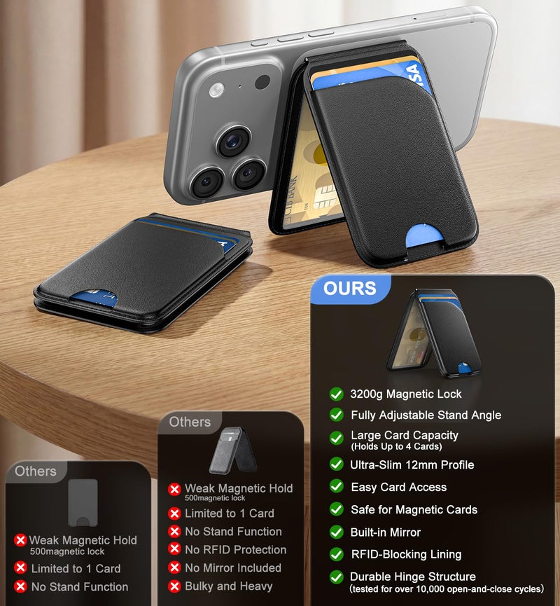 QYQBOON Magnetic Phone Wallet With Makeup Mirror - Mag Safe Wallet Leather RFID-Blocking Mag-Safe Card Holder for iPhone 17/16/15/14/13/12 Series, Not for iPhone 13/12 Mini (Black) - Image 2