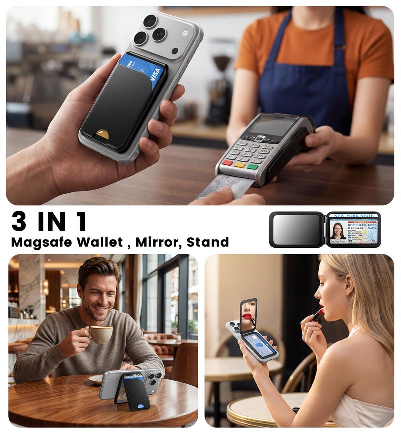QYQBOON Magnetic Phone Wallet With Makeup Mirror - Mag Safe Wallet Leather RFID-Blocking Mag-Safe Card Holder for iPhone 17/16/15/14/13/12 Series, Not for iPhone 13/12 Mini (Black) - Image 5