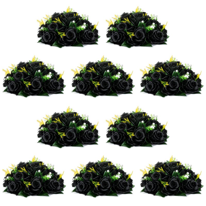 NUPTIO Black Roses Artificial Flowers Pcs of 10 Fake Flower Bouquet Black Hydrangea Flowers Artificial  15 Heads Fake Roses with Base  Real Looking Black Artificial Flowers (Black) - Image 1