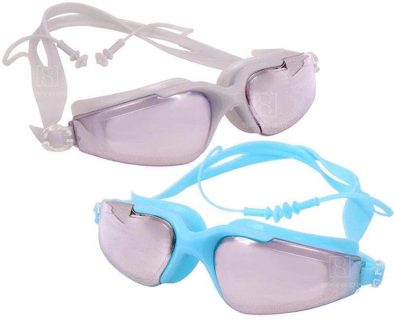 Spanker Swimming Goggles 3D Look Anti-Fog Anti-UV Youth Swim Glasses Leak Proof, Pack of 2 (Grey -Sky Blue) SSTP - Image 1