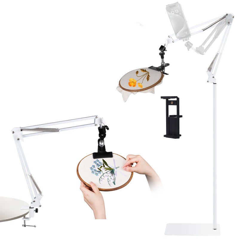 Cheloment Adjustable Embroidery Hoops Stand for Hand Work,Cross Stitch Frame with 360Â° Rotation, Embroidery Desktop Stand Suitable for Embroidery Kit,3-in-1 Hoop/Tablet/Phone Holder Floor&Desktop Standï¼ˆWhiteï¼‰ - Image 1