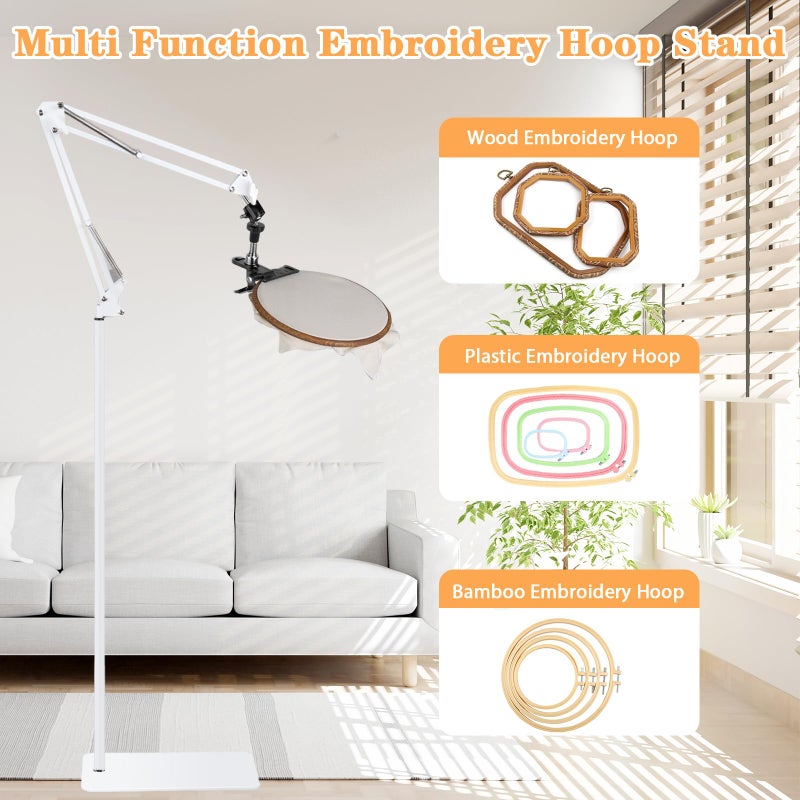 Cheloment Adjustable Embroidery Hoops Stand for Hand Work,Cross Stitch Frame with 360Â° Rotation, Embroidery Desktop Stand Suitable for Embroidery Kit,3-in-1 Hoop/Tablet/Phone Holder Floor&Desktop Standï¼ˆWhiteï¼‰ - Image 4