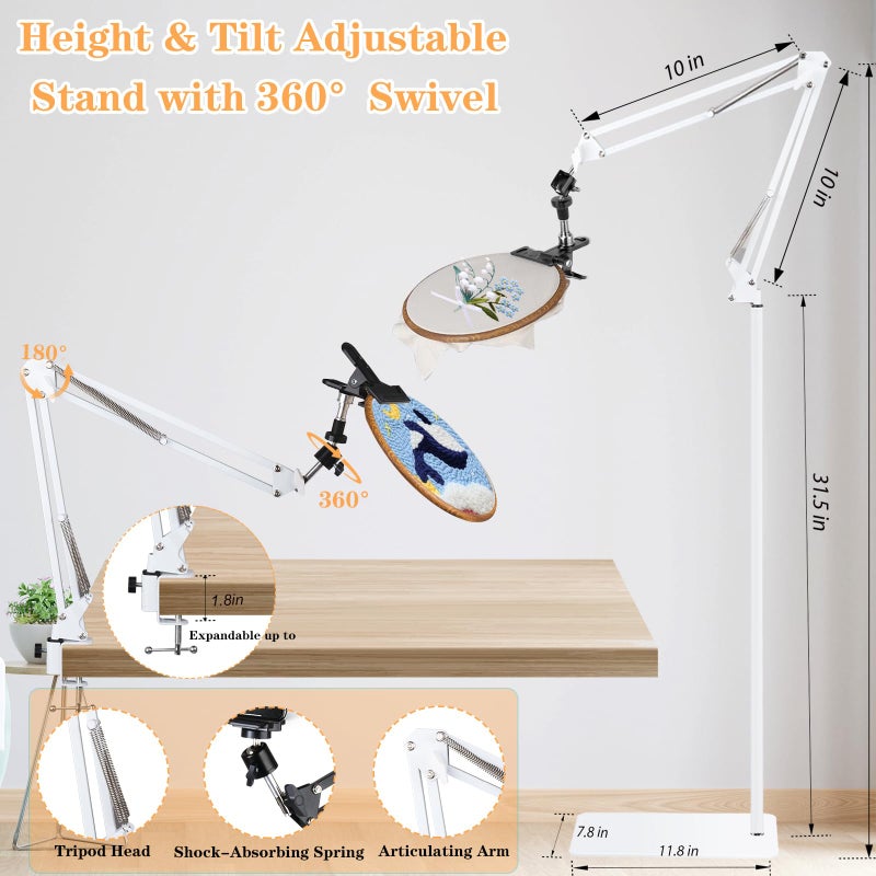 Cheloment Adjustable Embroidery Hoops Stand for Hand Work,Cross Stitch Frame with 360Â° Rotation, Embroidery Desktop Stand Suitable for Embroidery Kit,3-in-1 Hoop/Tablet/Phone Holder Floor&Desktop Standï¼ˆWhiteï¼‰ - Image 3