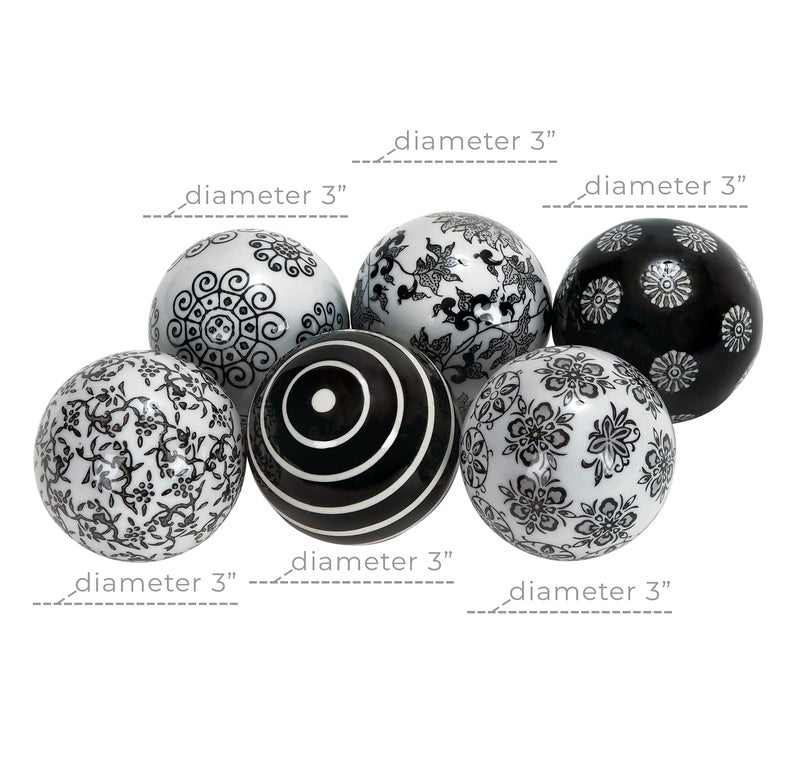 Deco 79 Ceramic Floral Orbs & Vase Filler Glossy Decorative Balls with Varying Patterns and White Accents, Set of 6 3"D, Black - Image 3