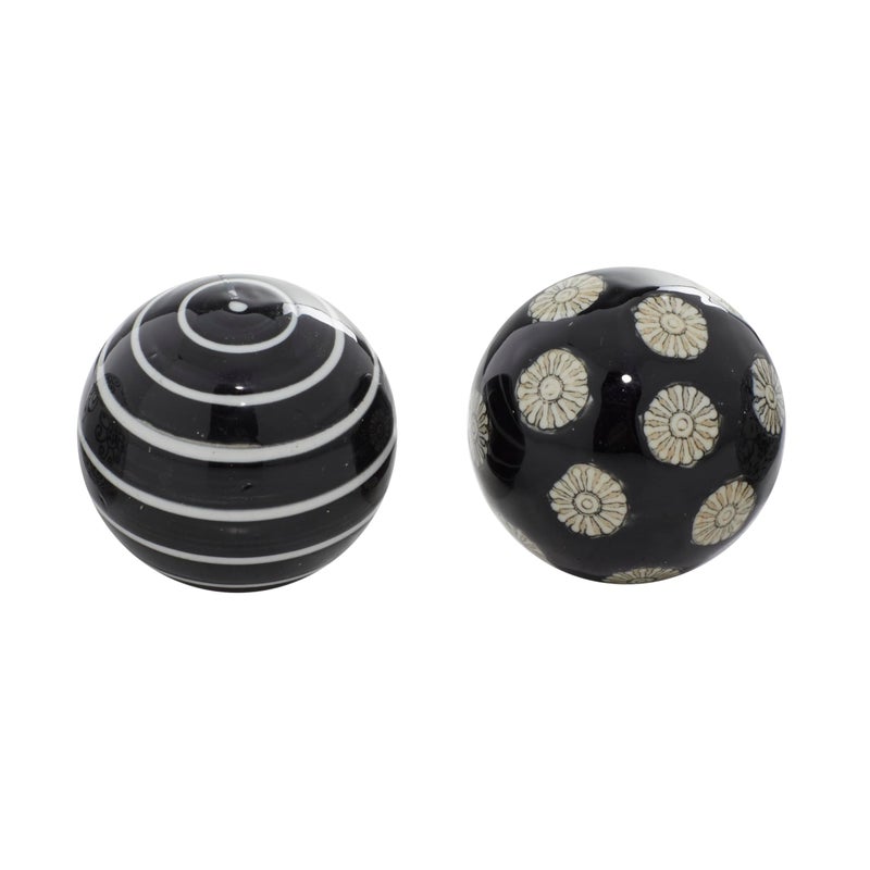 Deco 79 Ceramic Floral Orbs & Vase Filler Glossy Decorative Balls with Varying Patterns and White Accents, Set of 6 3"D, Black - Image 2
