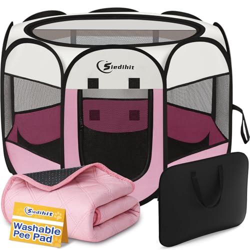 Siedihit Dog Cat Playpen Puppy Pet Playpen Indoor for Small Dog Crate Tent Cage Outdoor Portable Pop Up Dogs Enclosure Kennel with Carrying Case for DogsCatsRabbitsPink Small with pad - Image 1